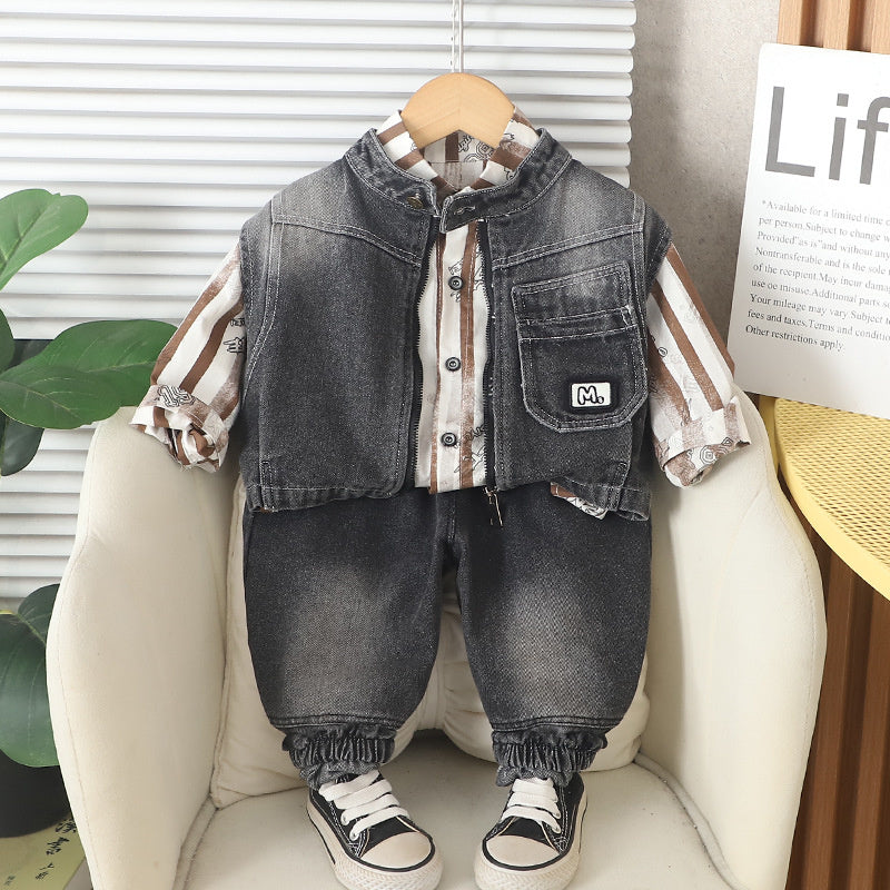 Baby clothes and autumn, Korean-style long-sleeve striped zip-up vest three-piece set for boys, stylish spring outfit