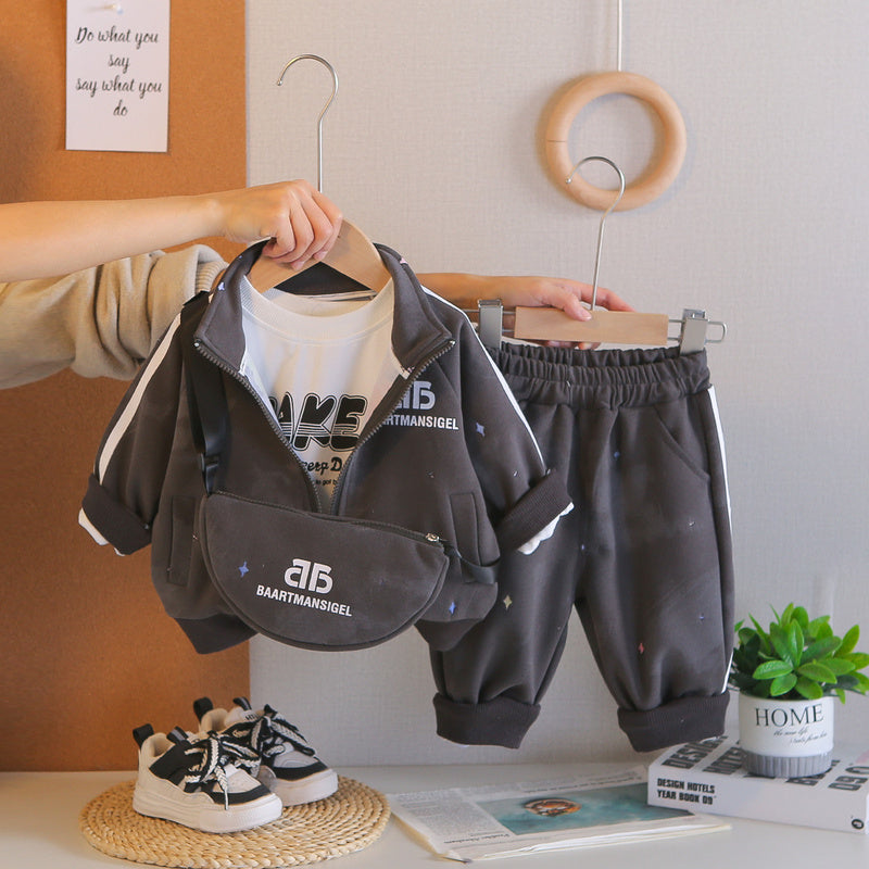 New Spring Letter Print Zipper Three-Piece Set for Baby Boys, Infant and Toddler Long-Sleeve Casual Versatile Outfit, Trendy