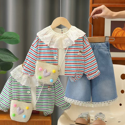 Girls' Korean-style outfit 2026 new fashionable spring and autumn three-piece set for baby girls with thin striped rabbit design