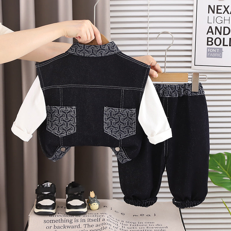Boys' Autumn Outfit: Color-Contrast Denim Vest 2026 New Fashionable Casual Patchwork Korean Style Three-Piece Set for Children