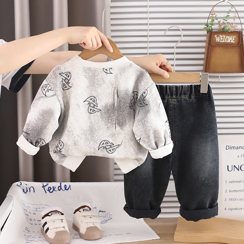 Outfit 2026 New Children's Zipper Pocket Sweatshirt Boys' Spring and Autumn Sports Casual Two-Piece Set