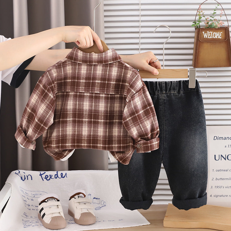 Baby Autumn Outfit 2026 New Style Boys' Spring-Autumn Plaid Shirt Three-Piece Set for 1-3 Years Old, Stylish and Trendy Children's Fashion