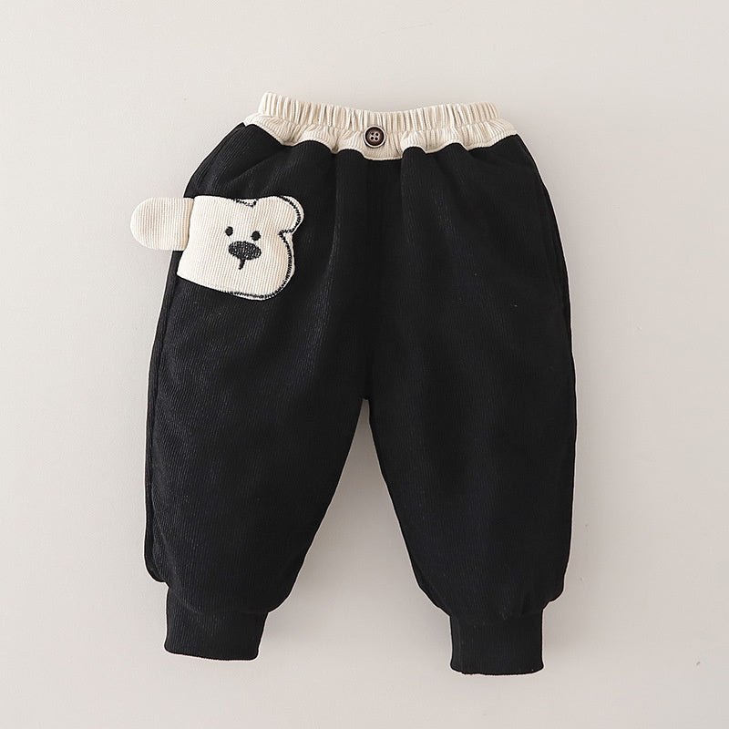 Children's casual side cartoon cotton pants, solid color sports versatile sweatpants for boys, baby toddler autumn and winter pants