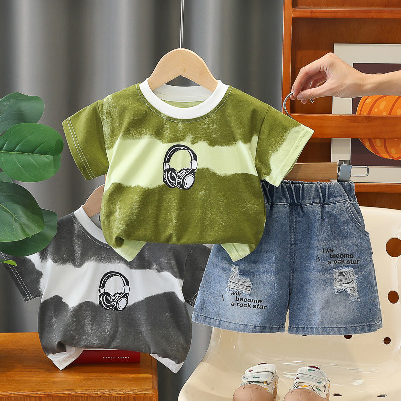 Boys' wide-striped casual short-sleeve thin T-shirt and children's summer shorts set, 26 new Korean-style baby two-piece outfit