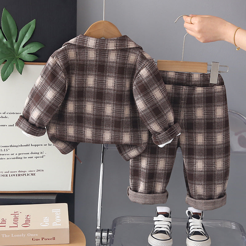 Children's Outfit Boys' Casual Plaid Suit Stylish One-Year-Old Baby Spring and Autumn Three-Piece Set Infant Toddler