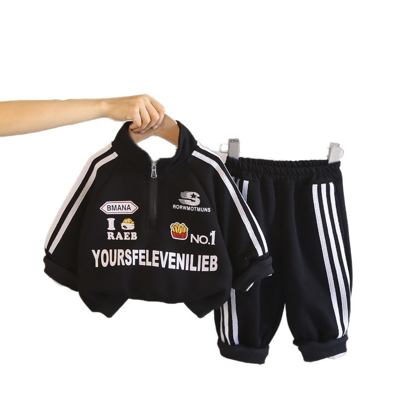 Boys' stylish autumn clothing, children's clothes spring and autumn, half-zip motorcycle two-piece set, handsome outfit for babies aged 1-4 years