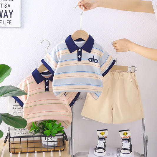Children's short-sleeve set with striped placket shirt, boys' t-shirt, baby summer clothing, shorts, infant clothes, new trendy style