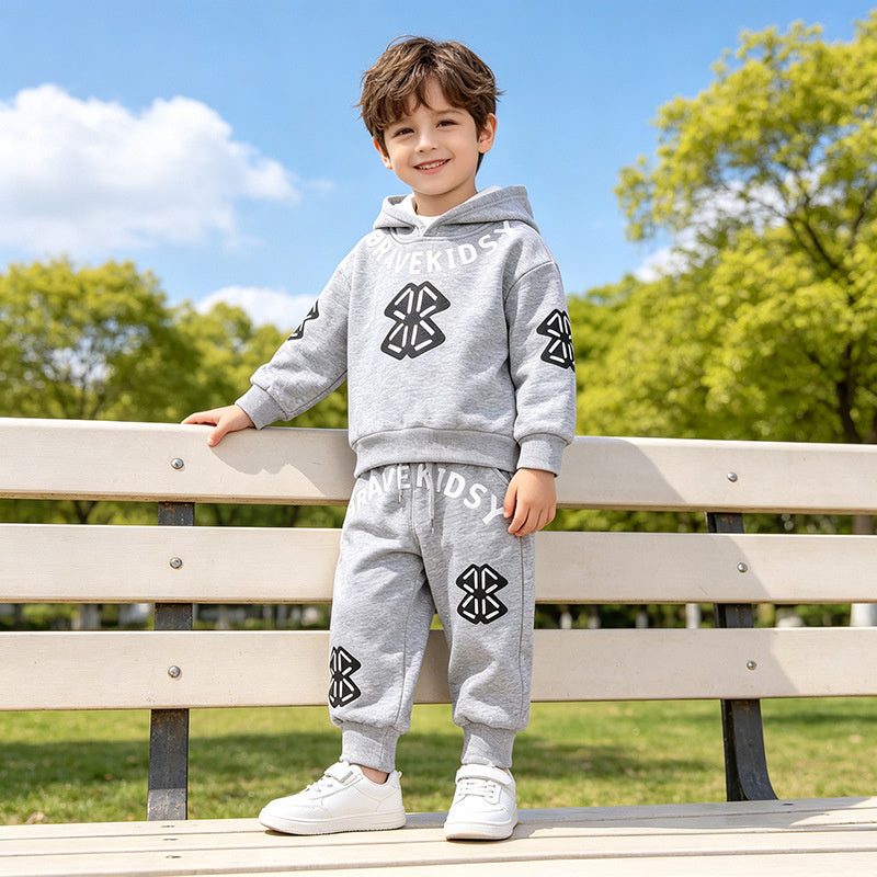 Boys' Suit 2026 New Fleece-Lined Stylish Clothes for Children and Infants, Trendy Letter-Printed Sweatshirt Two-Piece Set