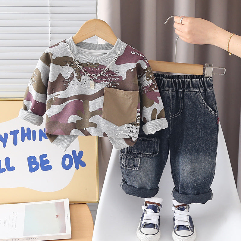Boys' Outfit Spring and Autumn 2026 New Fashionable Camouflage Sweatshirt Long Sleeve Two-Piece Set Baby Clothes Dropshipping