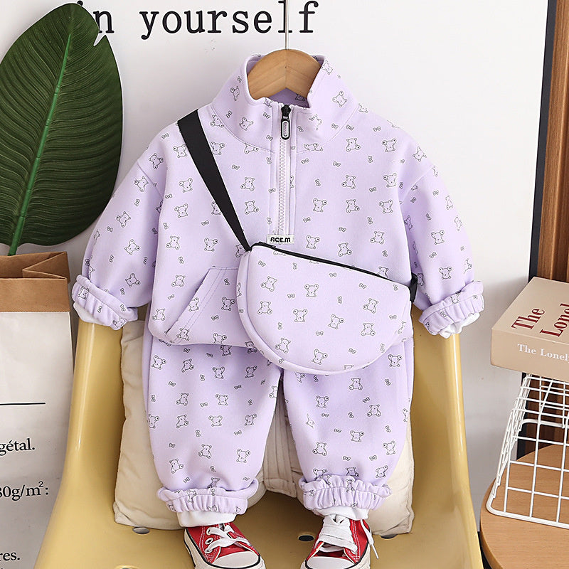 Korean-style boys' outfit casual baby spring bear bag sweatshirt two-piece set, infant and toddler clothing