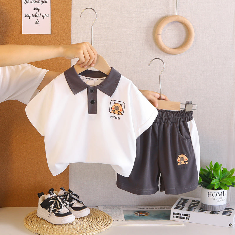 Children's clothing set, boys' outfit, cartoon button-up shirt, short-sleeved, baby summer 2026 new stylish two-piece set