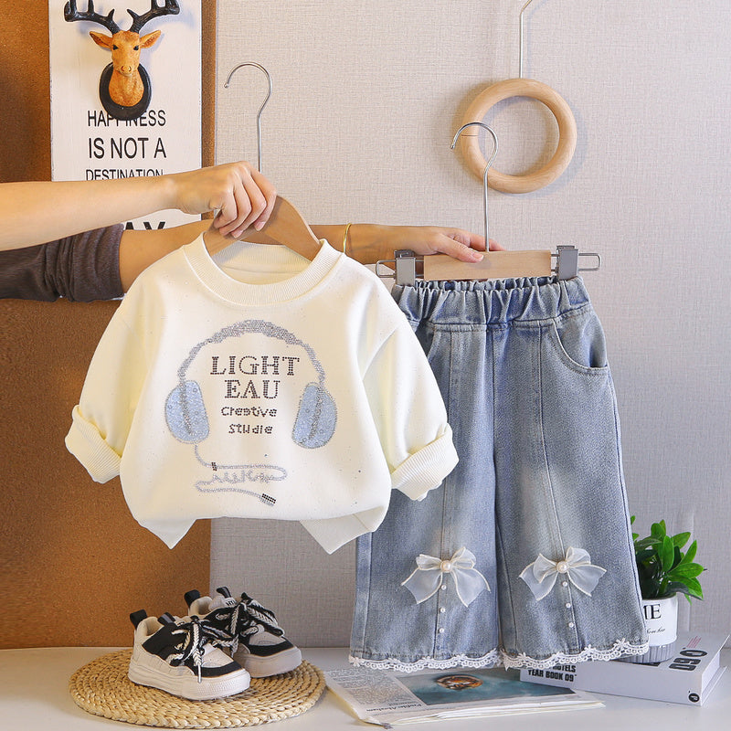 Girls' Rhinestone Earphone Hoodie Set, 2026 New Fashionable Children's Spring Outfit, Cute Two-Piece Set for Babies