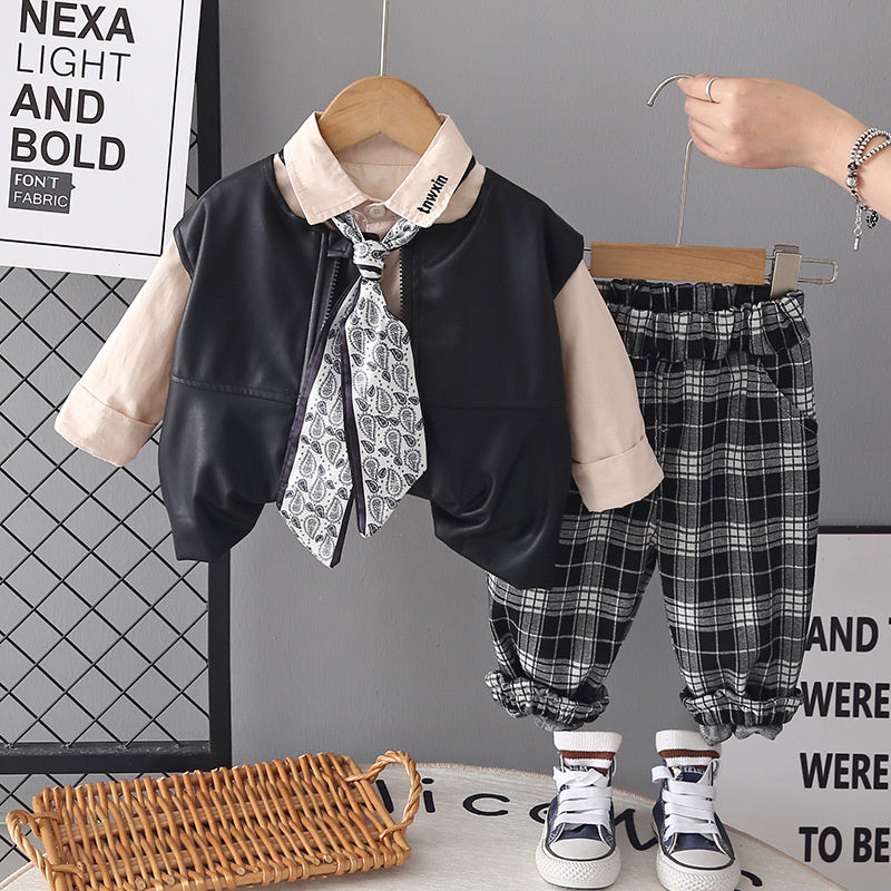 Boys' children's clothing spring autumn outfit 2026 new stylish Korean-style toddler leather jacket and vest three-piece set trendy
