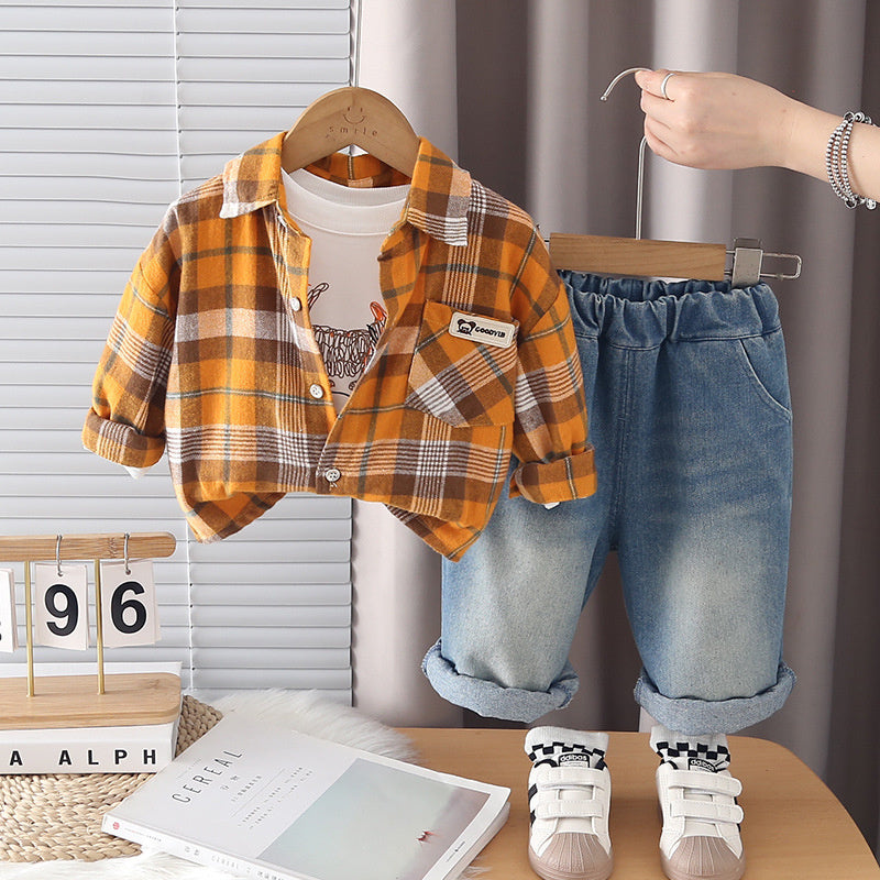 Boys' Fashionable Outfit 2026 New Children's Casual Plaid Shirt Three-Piece Set Baby Spring and Autumn Clothes