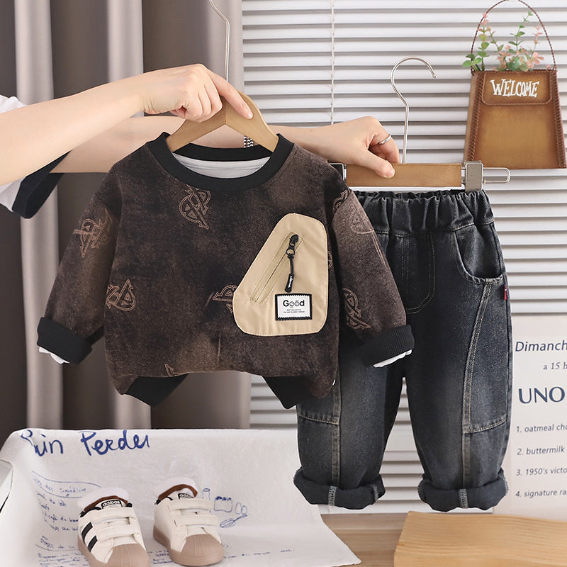 Outfit 2026 New Children's Zipper Pocket Sweatshirt Boys' Spring and Autumn Sports Casual Two-Piece Set