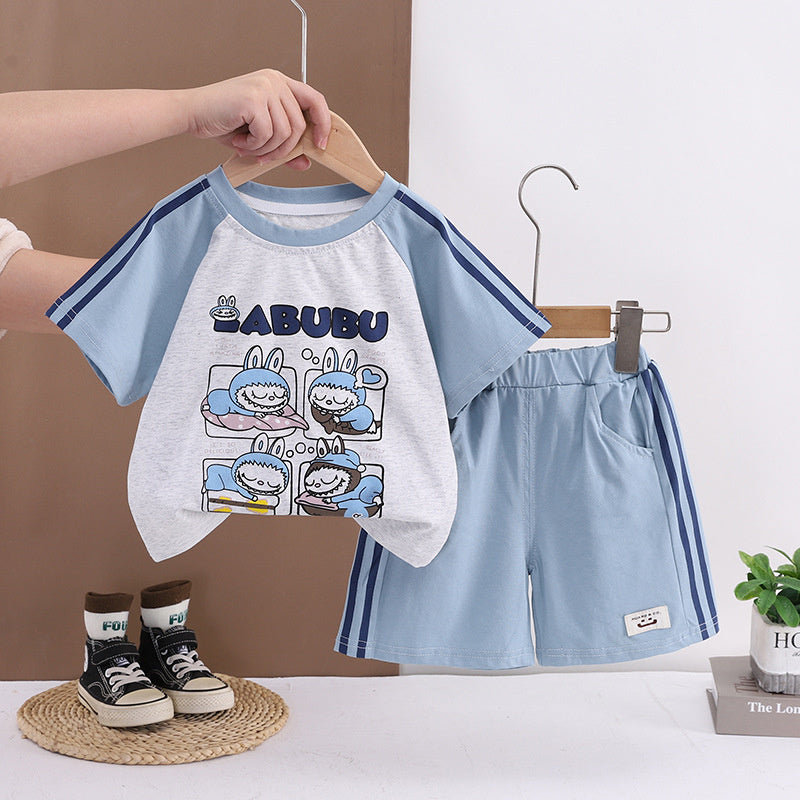 Boys' Summer Outfit 2026 New Fashionable Cartoon Sports Short Sleeve Set for 1-3 Year Old Boys and Girls