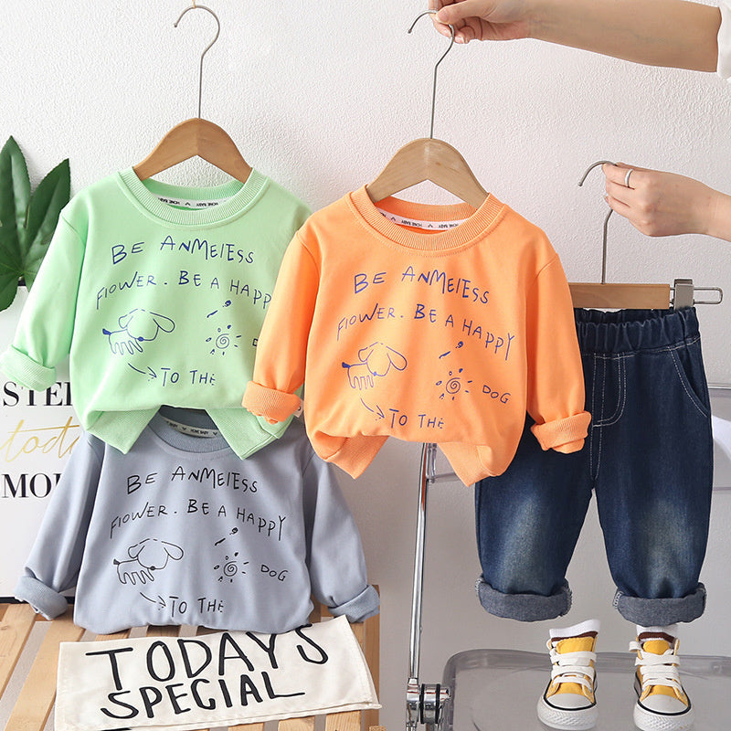 Boys' sports outfit, stylish letter-print puppy sweatshirt two-piece set, trendy spring autumn clothing for infants and children