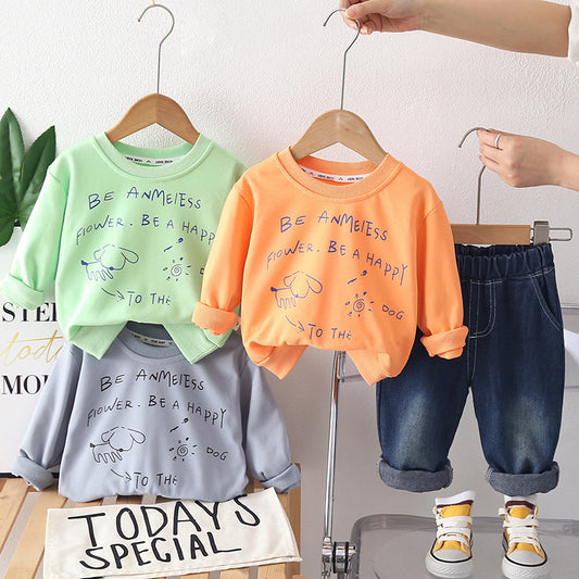 Boys' sports outfit, stylish letter-print puppy sweatshirt two-piece set, trendy spring autumn clothing for infants and children