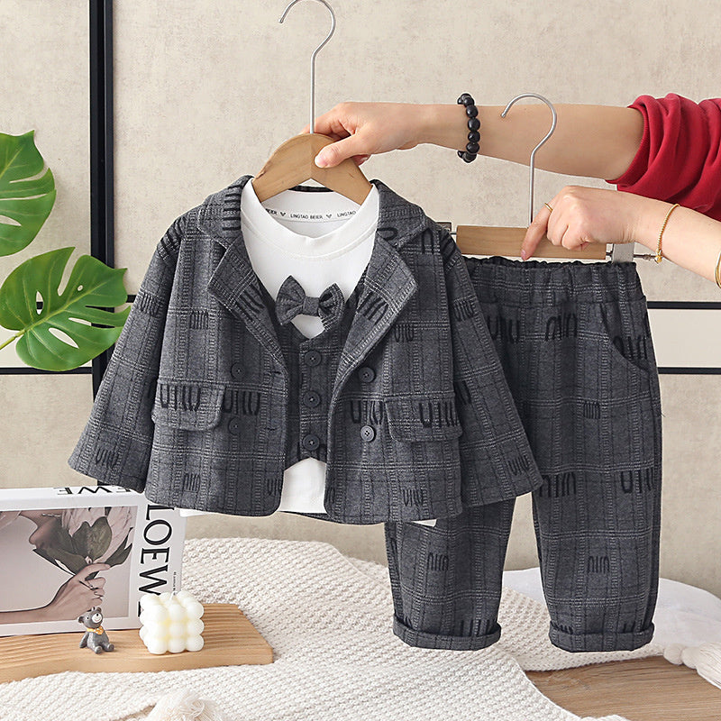 Boys' Outfit 2026 New Fashionable Babies, Spring Autumn Letter Pattern Plaid Suit Three-Piece Set for Infants and Toddlers