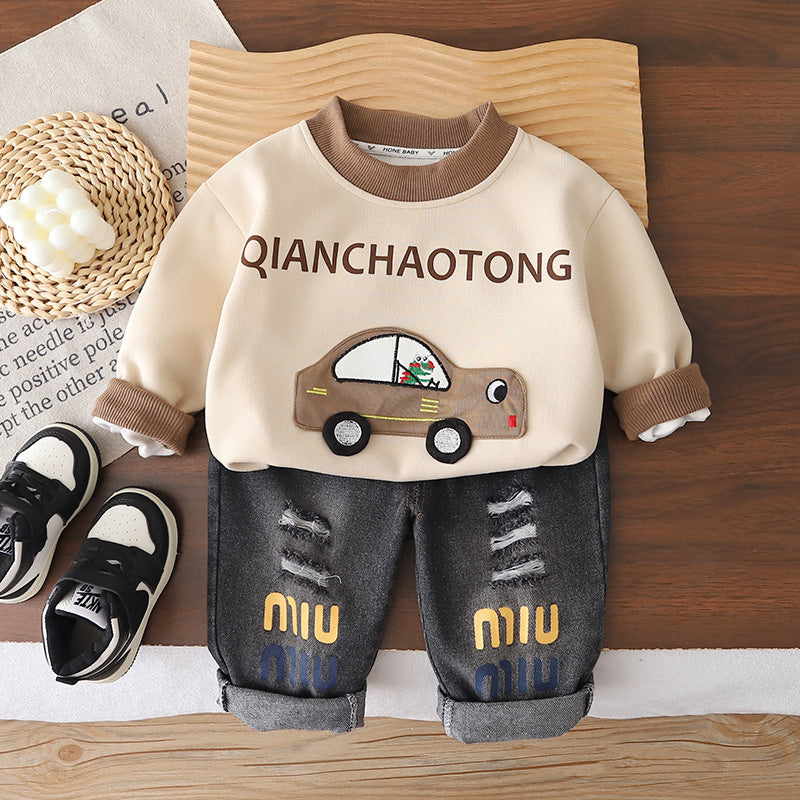 Boys' Spring Outfit: Stylish and Fashionable Cartoon 3D Car Two-Piece Set, Handsome Toddler Casual Baby Clothes