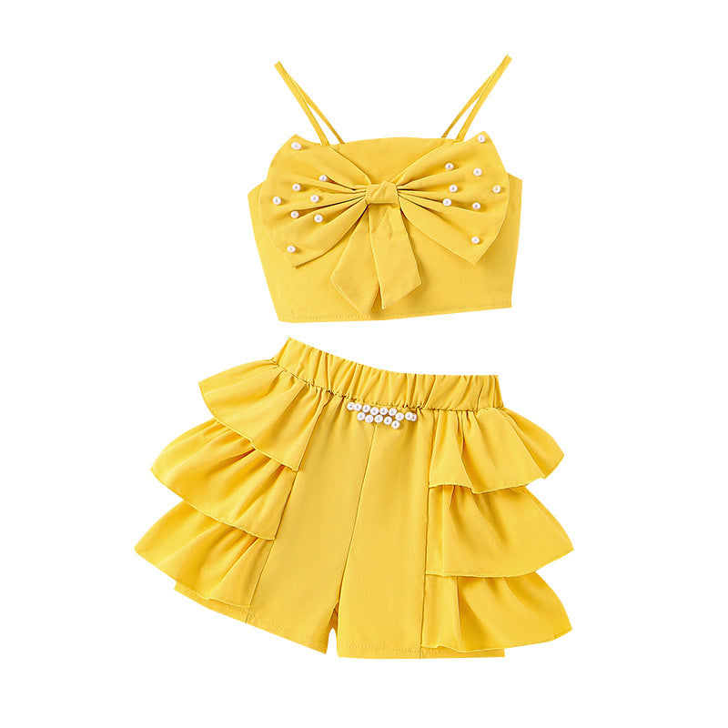 Baoxin Children's Clothing Cross-Border European and American Summer New Girls' Outfit: Pearl Bow Strap Top + Cake Hem Shorts