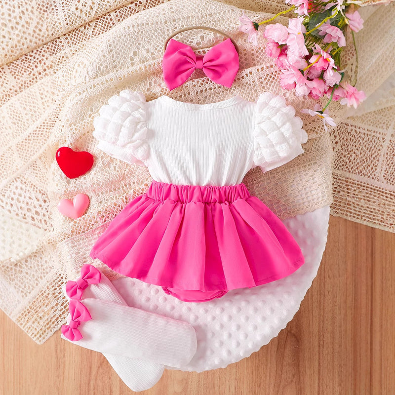 Baby girl three-piece set: bubble sleeve dress with heart embroidery decoration, bow headband, and socks