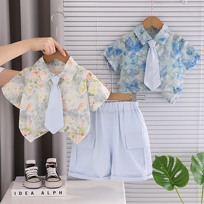 Boys' Summer Outfit 2026 New Style for Young Children, Fresh Floral Pattern, Stylish Short-Sleeve Shirt and Tie Two-Piece Set