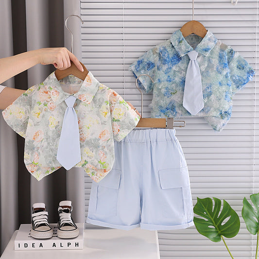 Boys' Summer Outfit 2026 New Style for Young Children, Fresh Floral Pattern, Stylish Short-Sleeve Shirt and Tie Two-Piece Set