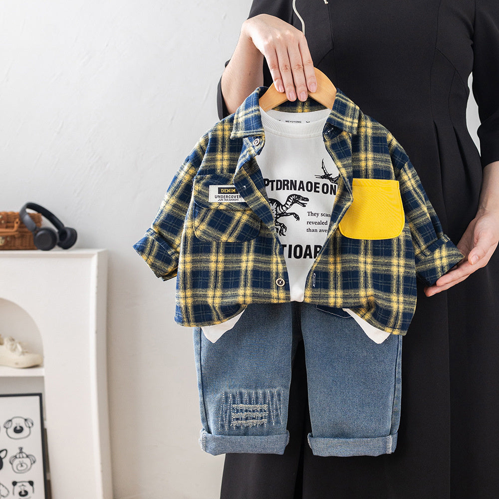 Stylish trendy children's clothing boys, baby outfit, dinosaur plaid shirt three-piece set, 2026 new model for infants in spring and autumn