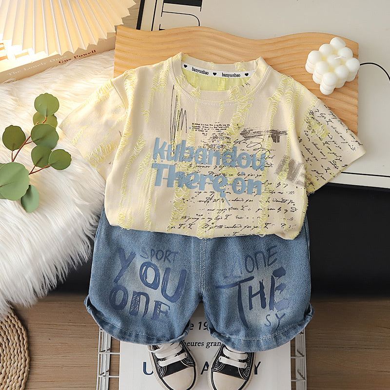 Boys' Short-Sleeve 2026 New Summer Outfit Baby Stylish Korean Version Ripped Letter Print Thin Two-Piece Trendy Set
