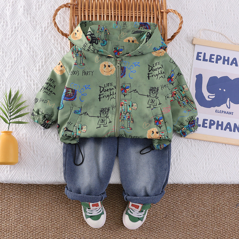 Children's clothing outfit new style baby boys' spring and autumn stylish graffiti bear jacket two-piece set