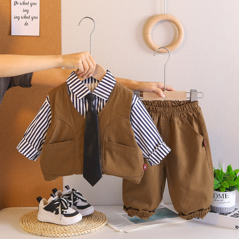 Boys' Tie Workwear Vest Three-Piece Set, Stylish and Autumn Clothes for Kids, Spring Outfit, Trendy Children's Clothing