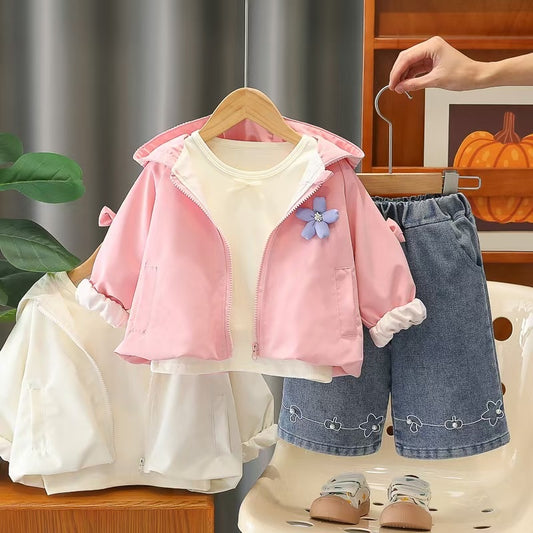 Girls' Outfit 2026 New Fashionable Floral Trench Coat Long Sleeve Three-Piece Set for Children Spring and Autumn Clothing