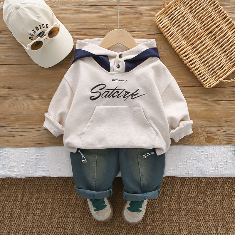 Boys' Spring English Hoodie Sweatshirt Set 2026 New Fashionable Children's Sporty Two-Piece Outfit for Little Boys
