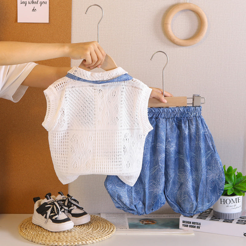 Girls' Summer Hollow Out Sleeveless Silk Scarf Vest Set 2026 New Fashionable Baby Clothes Children's Trendy Clothing
