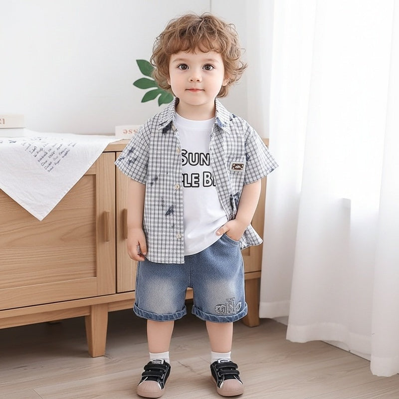 Boys' Short-Sleeve 2026 New Stylish Baby Summer Clothes Fashionable Plaid Shirt Three-Piece Set Trendy