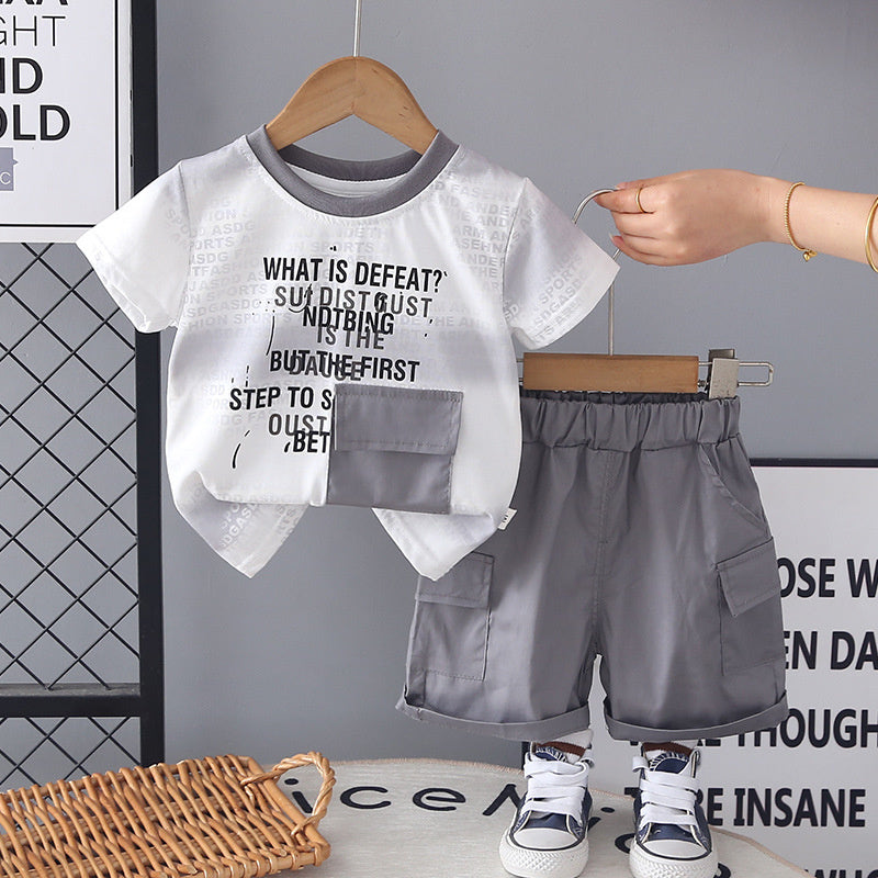 Baby boy short-sleeve two-piece set 2026 new children's summer clothing thin gradient wide stripe pocket suit for boys