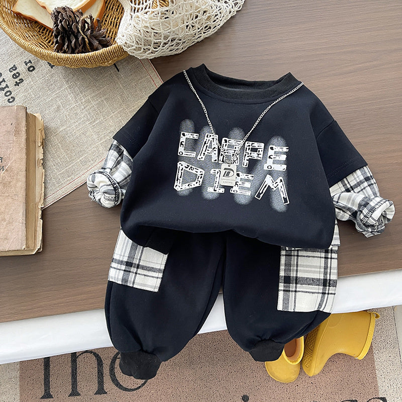 Boys' outfit stylish and fashionable letter necklace two-piece set baby spring trendy sweatshirt toddler clothing children's wear
