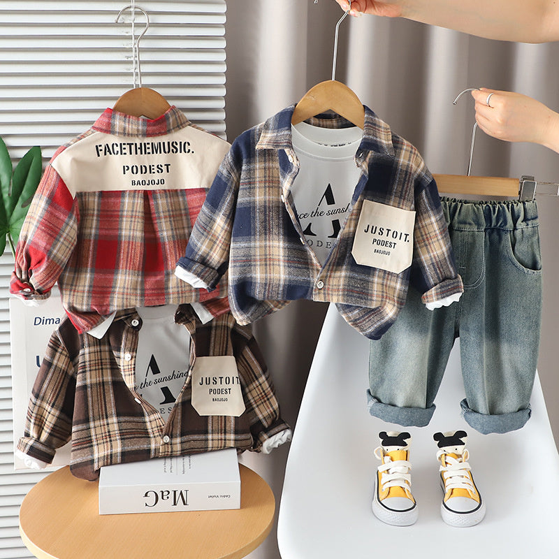 Boys' 2025 Outfit 1-2-3 Years Old Baby Color Block Shirt Jacket Children's Spring Autumn Three-Piece Set Kids' Clothing