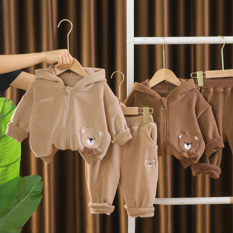Baby Fleece-Lined Footed Bear Cotton Suit Thickened 2 Children's Clothes Boys' Autumn Clothing 1-Year-Old Infant Winter Outfit