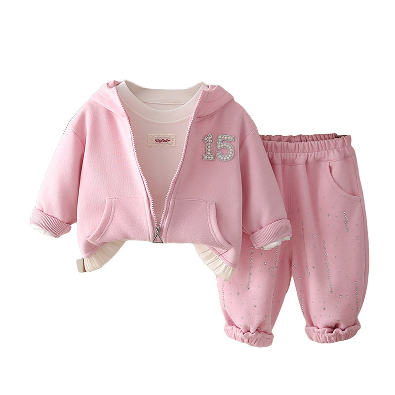 Girls' three-piece hooded suit, autumn 2026 new stylish jacket and pants, clothing for one-year-old baby girls, children's wear