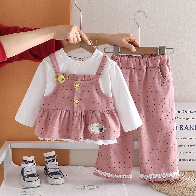 New stylish spring and autumn outfit girls, trendy three-piece set with polka dot overalls for baby girls