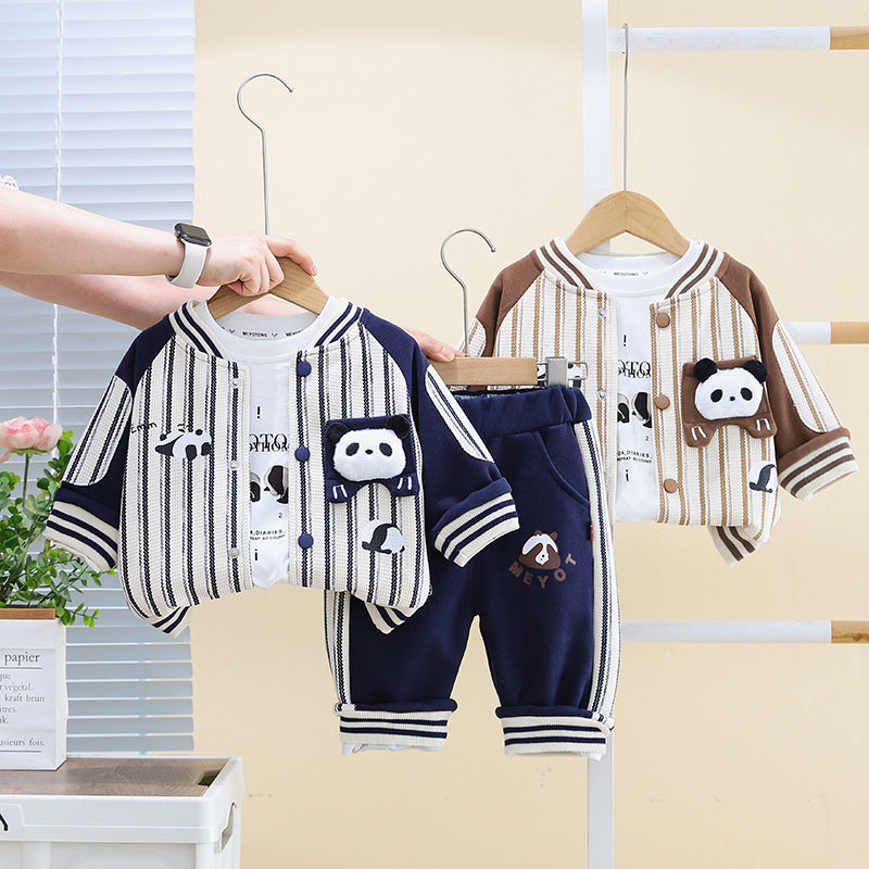 Wuxiaoqi Children's Clothing 2025 Spring and Autumn New Style 0-4 Years Old Boys Vertical Striped Panda Baseball Uniform Long T-shirt Pants Set