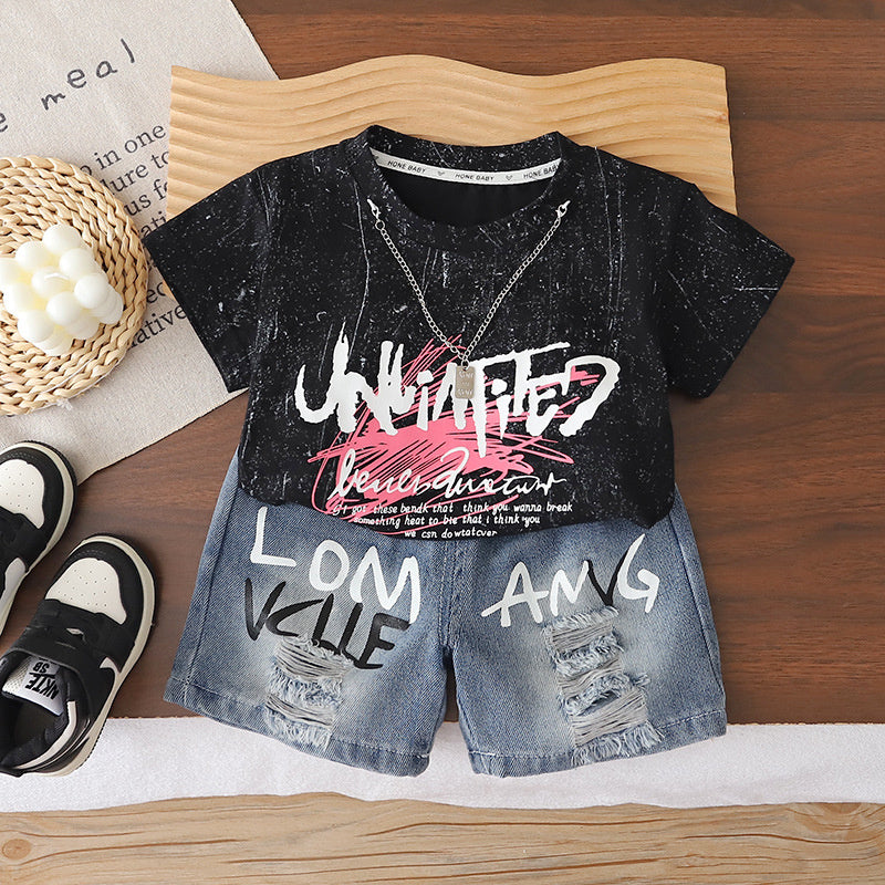 Boys' Outfit 2026 New Children's Graffiti Letter Short Sleeve Summer Clothes Baby Casual Two-Piece Set Trendy