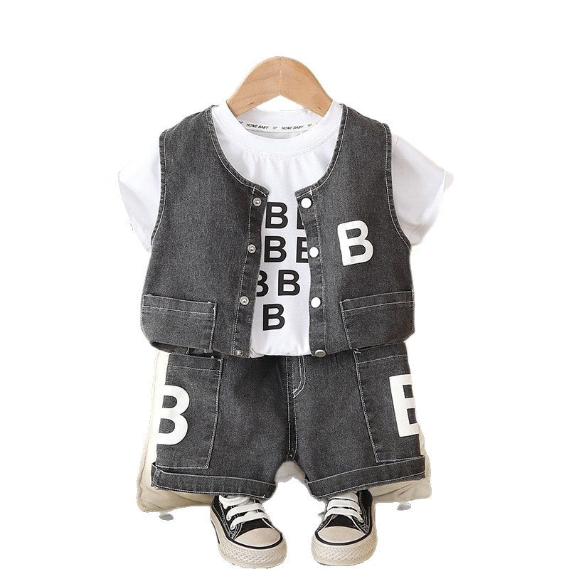Boys' 2026 New Stylish Outfit Infant Children's Short-Sleeve Denim Vest Three-Piece Summer Set Baby Clothes