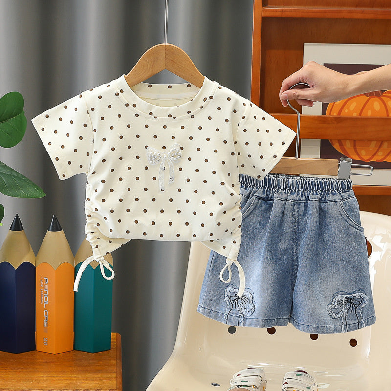 2026 New Summer Children's Outfit Girls, Polka Dot Short Sleeve Shorts Two-Piece Set, Baby Clothes for 1-Year-Old Girls