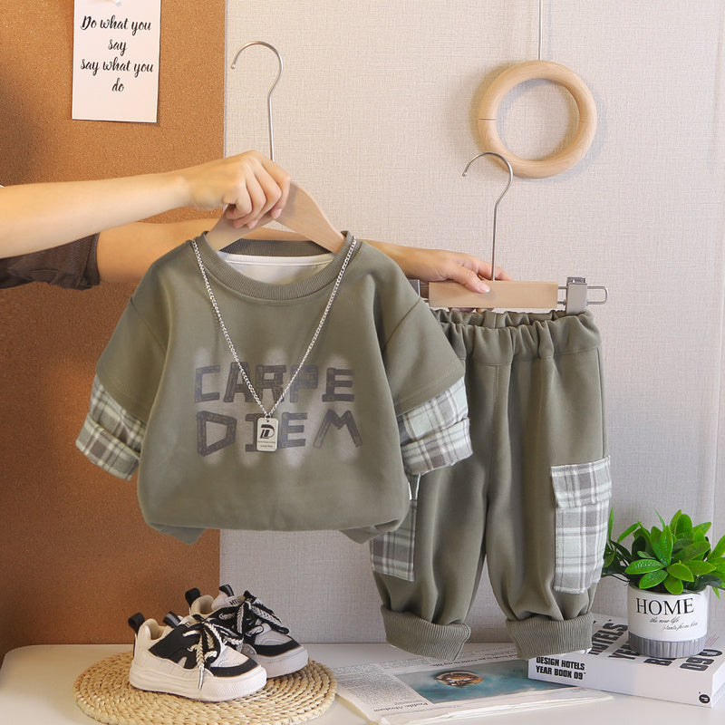 Boys' outfit stylish and fashionable letter necklace two-piece set baby spring trendy sweatshirt toddler clothing children's wear