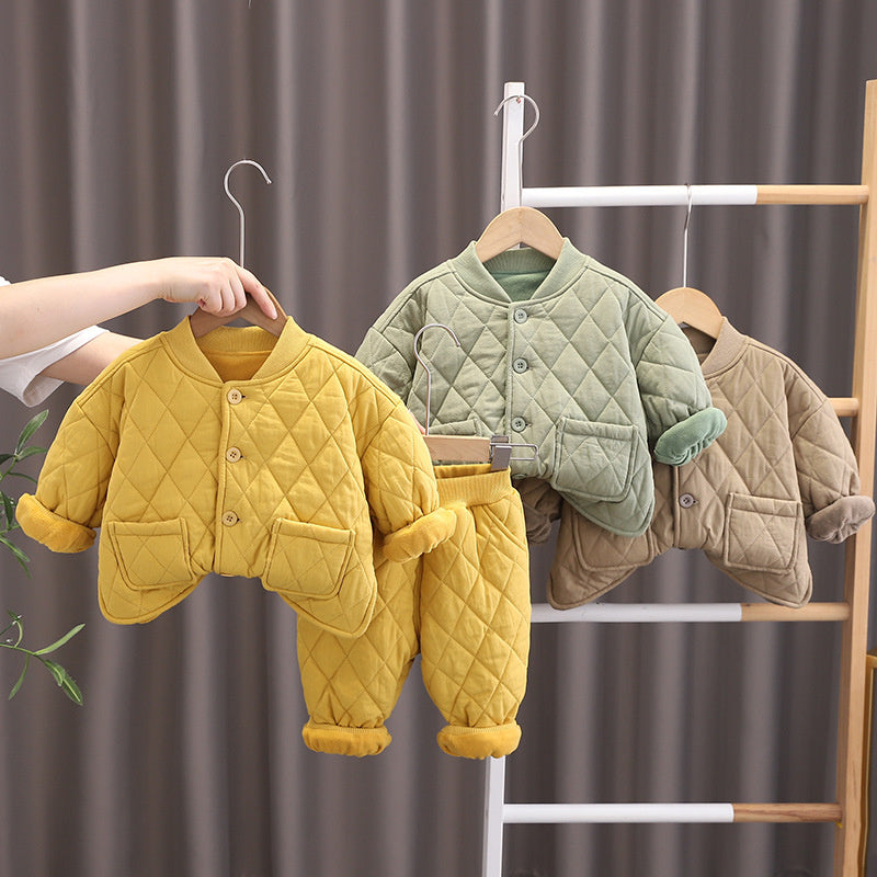 2025 Boys' Baby Casual Simple Winter Fleece Thickened Infant Versatile Pocket Button Cotton Jacket Two-Piece Set
