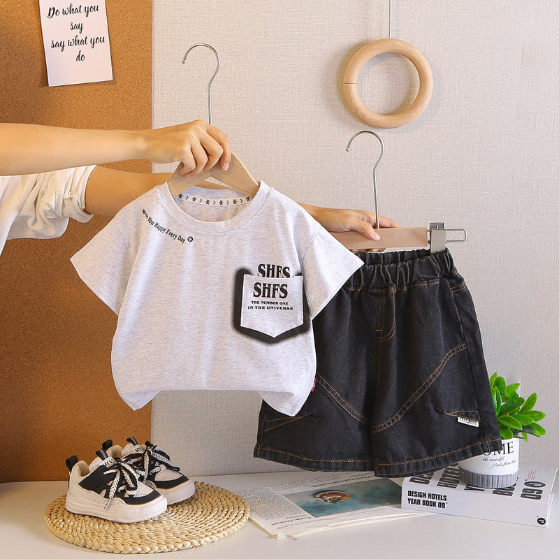 Children's clothing for boys, outfit, baby pocket letter print short-sleeve set, 2026 summer style, stylish boys' children's clothes