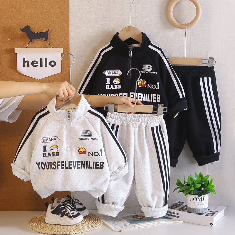 Boys' stylish autumn clothing, children's clothes spring and autumn, half-zip motorcycle two-piece set, handsome outfit for babies aged 1-4 years